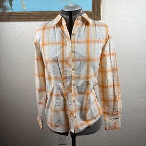 Marmot‎ Orange/White Plaid Tech Shirt Women’s Size Small Stretch Hiking Active